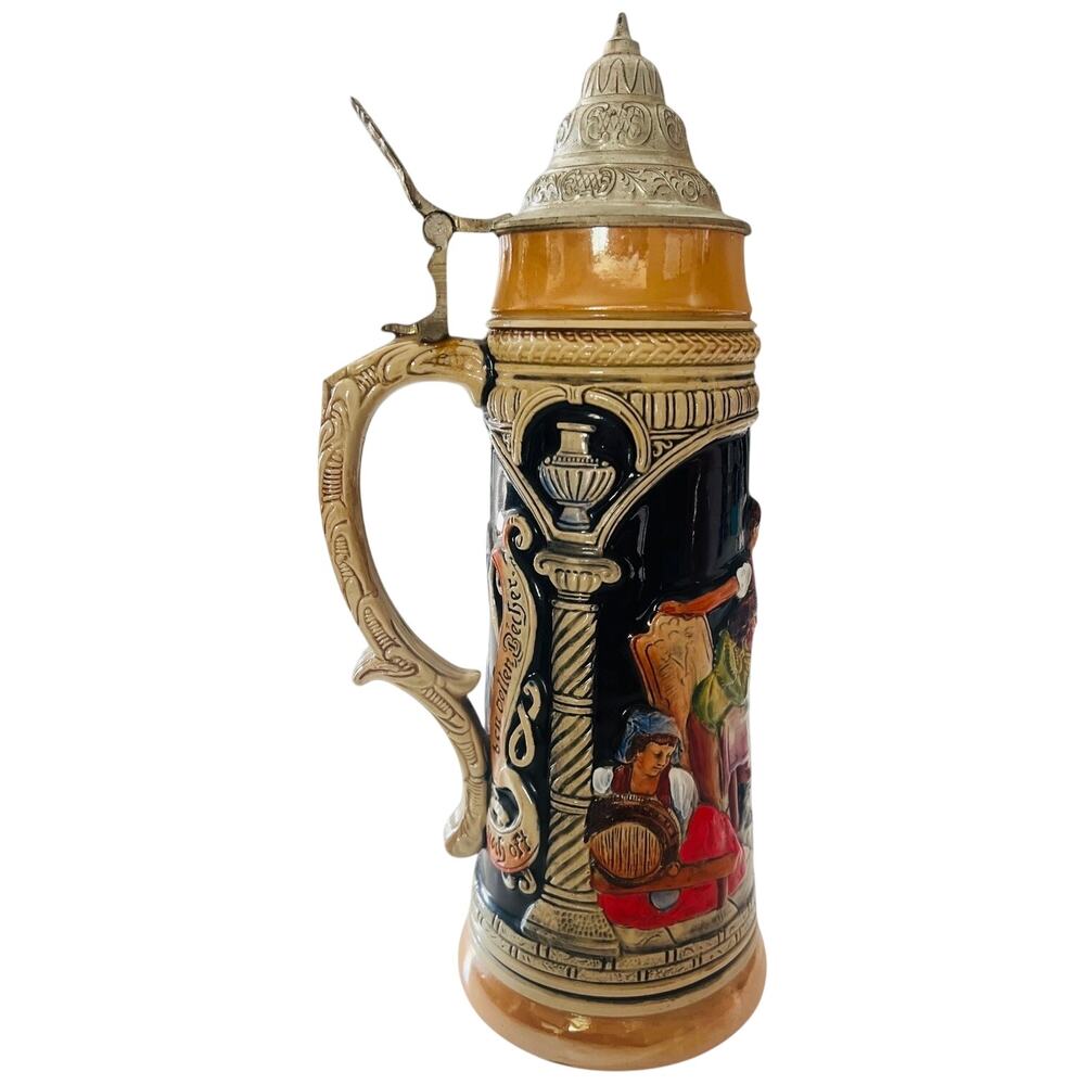 Vintage West Germany 1.5L Beer Stein 13.5” Tavern Relief Pewter Lid DBGM